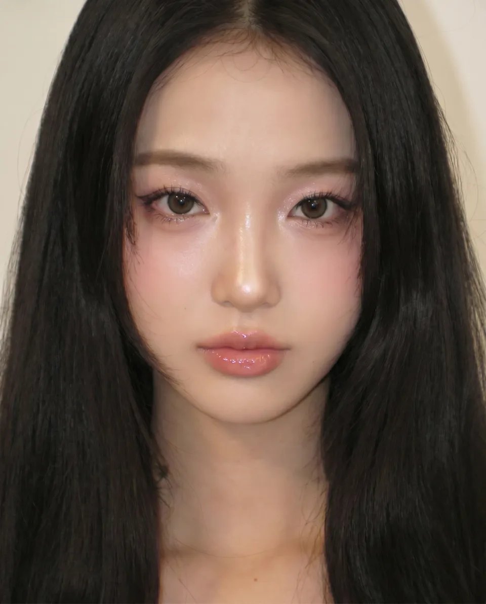 가운데 가르마의 긴 검은 생머리 여성이 정면을 본다. 눈두덩과 볼에 분홍빛, 콧등과 입술에 윤기. 크림색 배경.